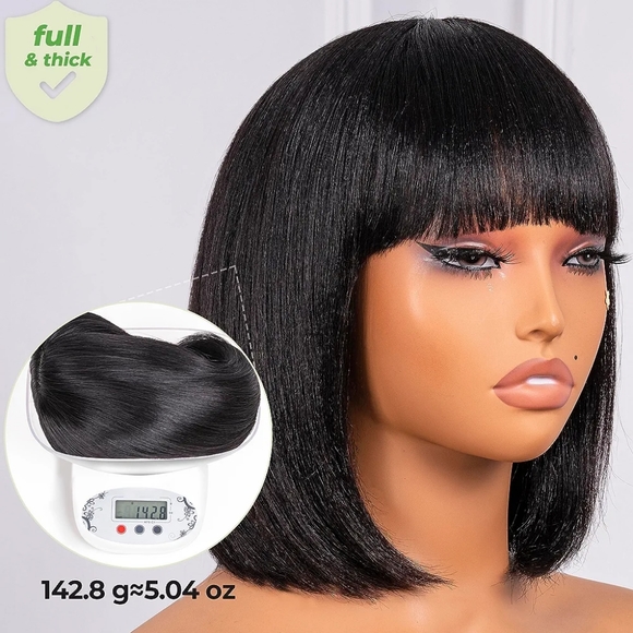 Bob Wig With Bangs- 10 Inch Short Yaki Bob Wig 180% Density - Picture 9 of 9